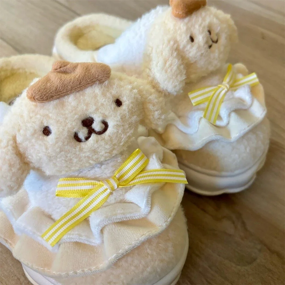Sanrio Pompompurin Plush Mule Slippers Beige Bow Ruffle Womens US 6 EU
